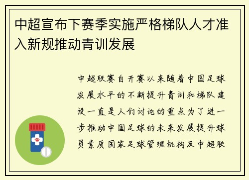中超宣布下赛季实施严格梯队人才准入新规推动青训发展 中超宣布下赛季实施严格梯队人才准入新规推动青训发展